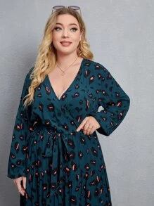 SHEIN Clasi Plus Graphic Print Ruffle Hem Belted Dress - Teal Blue - View 5