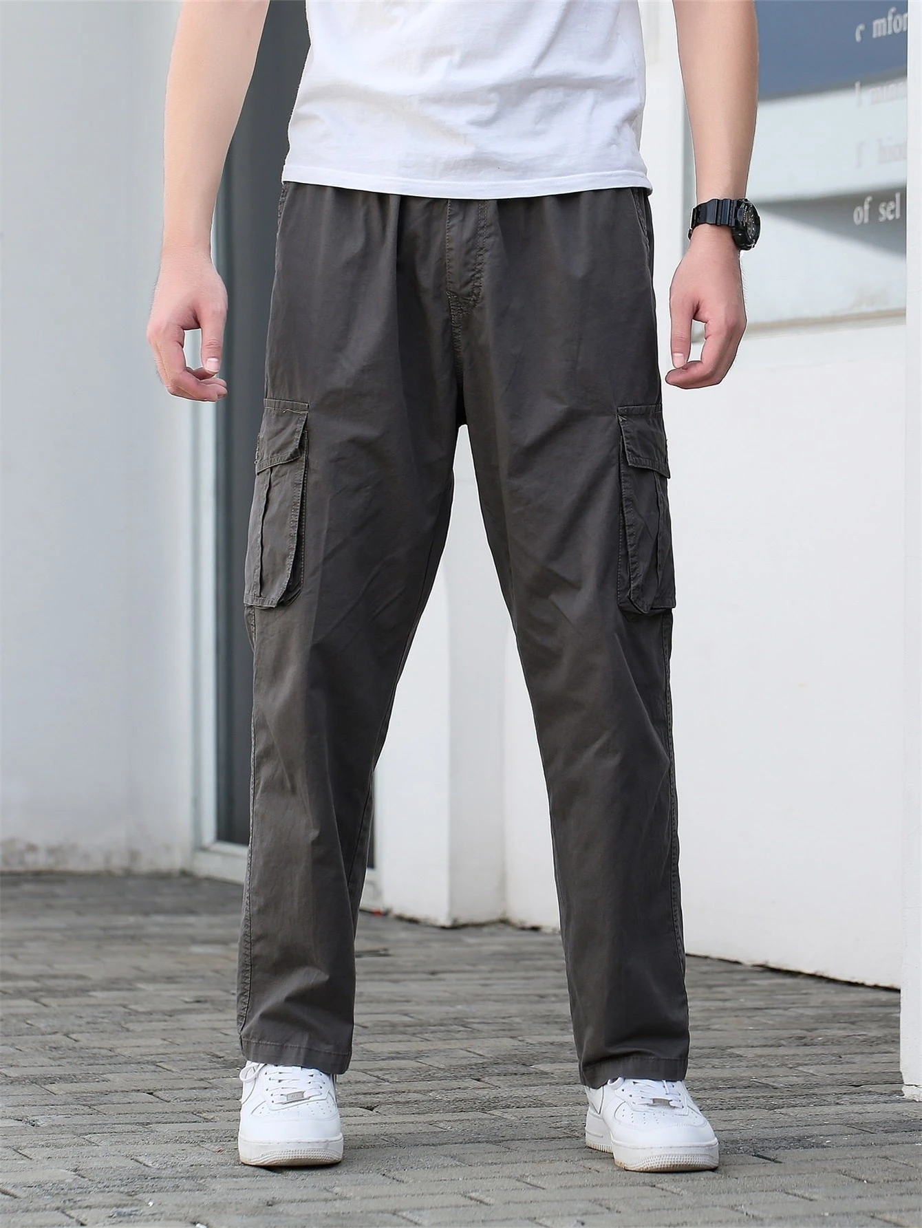 Pantalon Cargo Homme Multi-poches - Coupe Droite - Tissu Résistant - Pour Travail, Camping, Randonnée - Taille élastique Avec Cordon