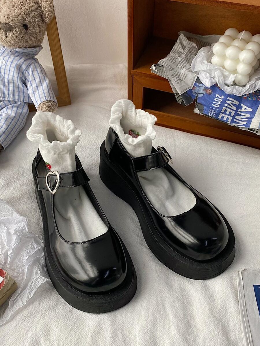 Minimalist Mary Jane Flatform Shoes - Black - View 1