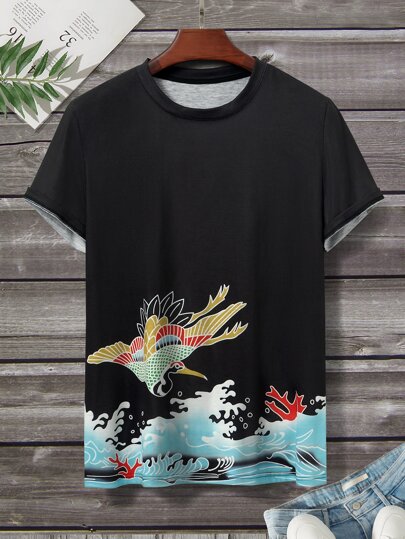 Manfinity Men Crane And Japanese Letter Graphic Tee