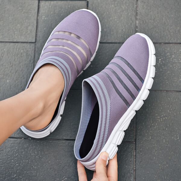 

Striped Pattern Knit Slipper Sneakers, Purple