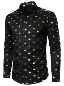 Manfinity AFTRDRK Men Allover Print Fashion Graphic Collar Long Sleeve Shirt For Party - Black - View 1