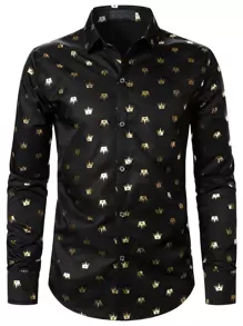 Manfinity AFTRDRK Men Allover Print Fashion Graphic Collar Long Sleeve Shirt For Party - Black - View 3
