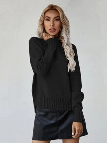 SHEIN LUNE Jersey de cuello alto con mangas raglán y bajo dividido, blusas de manga larga