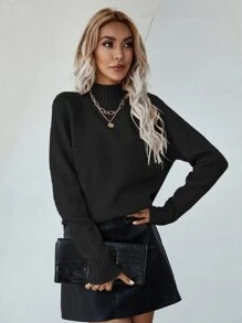 SHEIN LUNE Jersey de cuello alto con mangas raglán y bajo dividido, blusas de manga larga