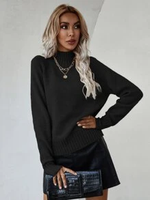 SHEIN LUNE Jersey de cuello alto con mangas raglán y bajo dividido, blusas de manga larga