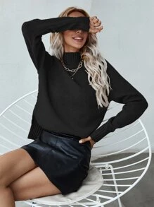 SHEIN LUNE Jersey de cuello alto con mangas raglán y bajo dividido, blusas de manga larga