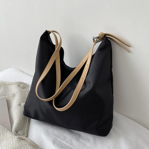 

Eyelet Buckle Decor Shoulder Tote Bag, Black