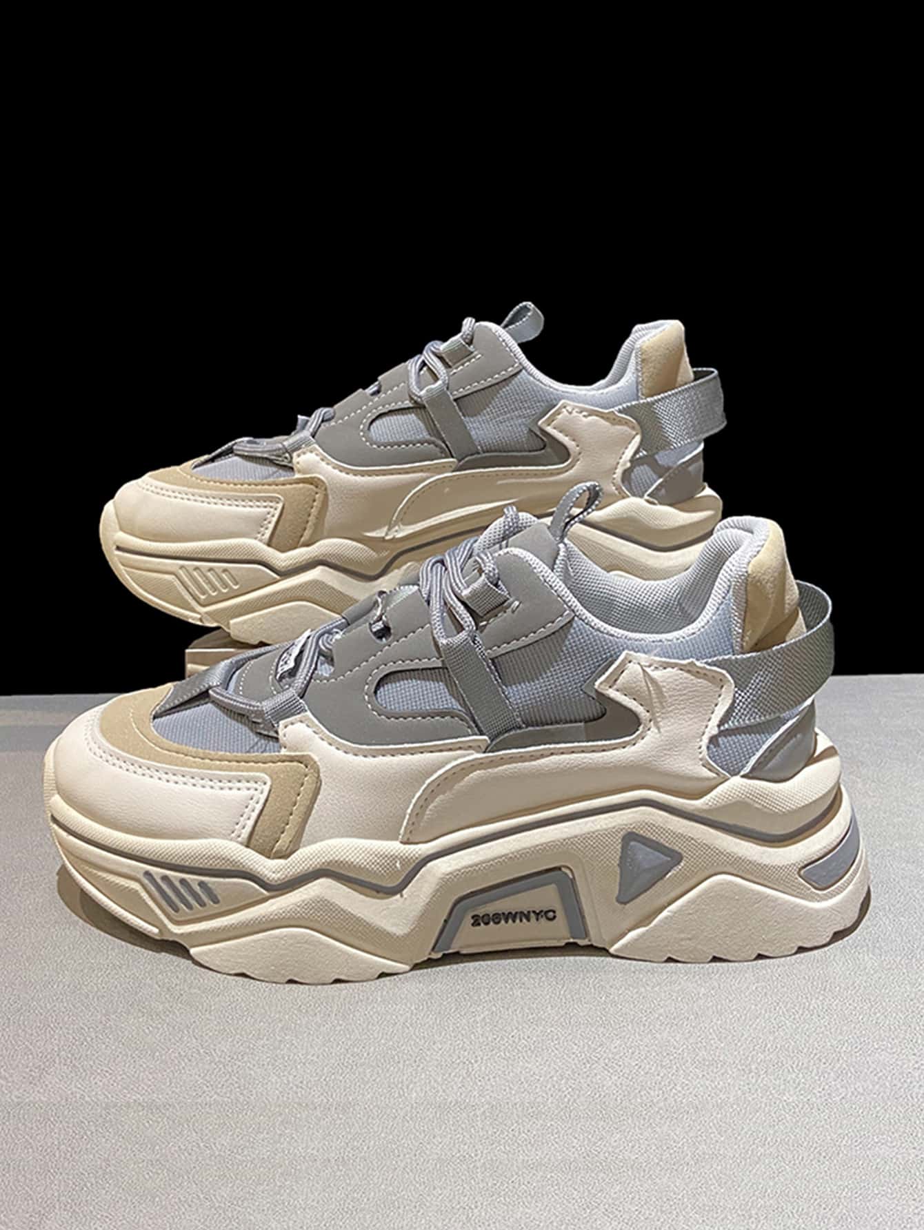 Mujer Zapatillas deportivas chunky de color combinado panel con malla - Gris - Ver 1