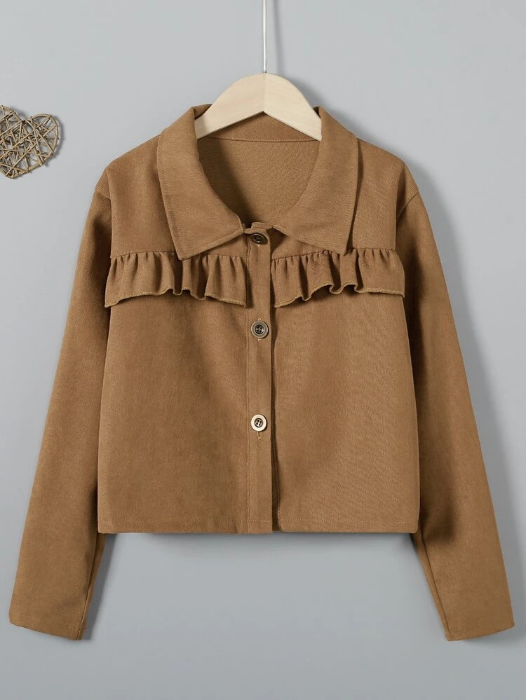 Girls Ruffle Trim Corduroy Coat - Brown - View 1