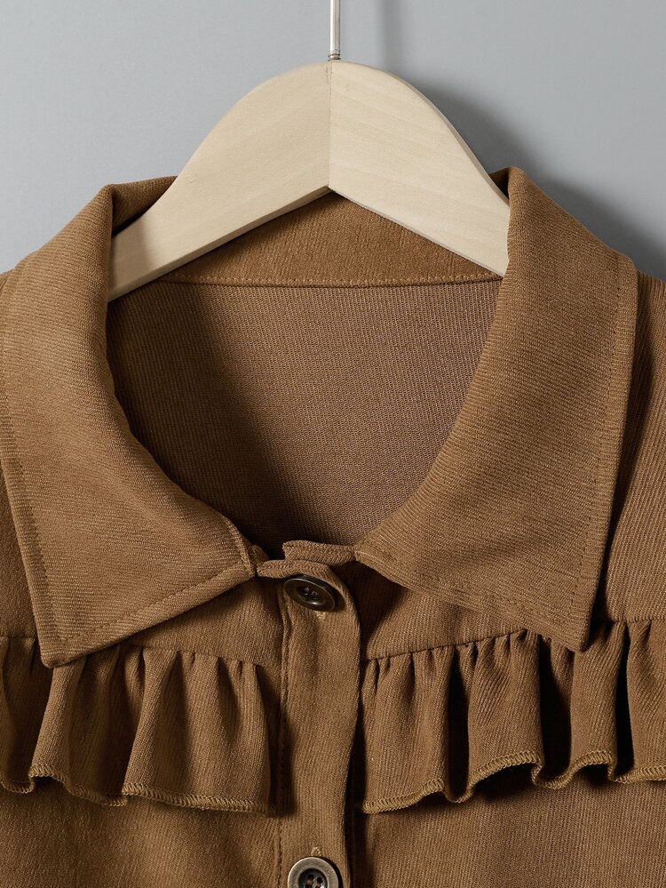 Girls Ruffle Trim Corduroy Coat - Brown - View 3