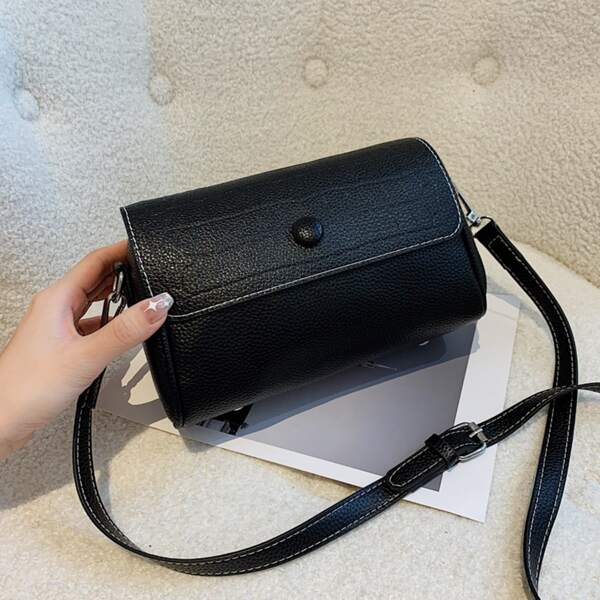 

Crocodile Embossed Flap Boston Bag, Black