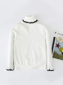 女孩高領撞色滾邊套頭毛衣 - 白色 - 查看 1