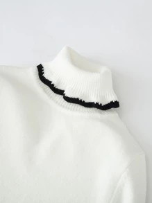 女孩高領撞色滾邊套頭毛衣 - 白色 - 查看 4