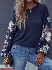 Breezaya Floral Print Lantern Sleeve Tee Graphic Tees Women Tops - Multicolor - View 3