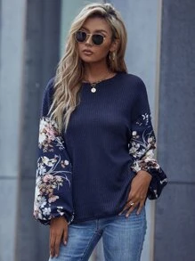 Breezaya Floral Print Lantern Sleeve Tee Graphic Tees Women Tops - Multicolor - View 1