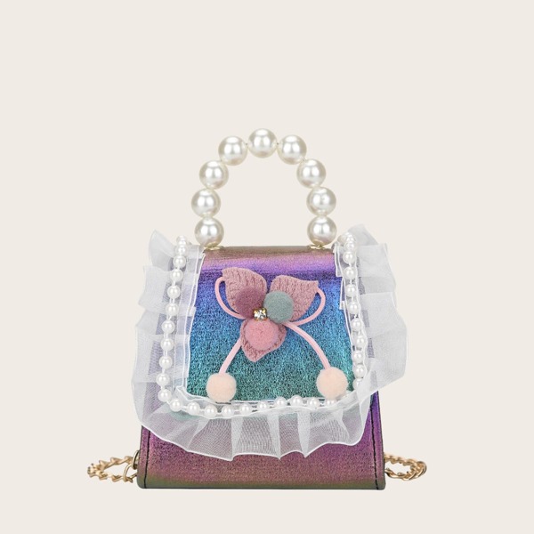 

Girls Holographic Floral Decor Ruffle Trim Satchel Bag, Green
