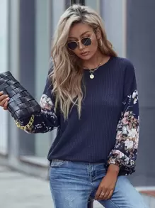 Breezaya Floral Print Lantern Sleeve Tee Graphic Tees Women Tops - Multicolor - View 6