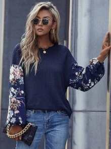 Breezaya Floral Print Lantern Sleeve Tee Graphic Tees Women Tops - Multicolor - View 4