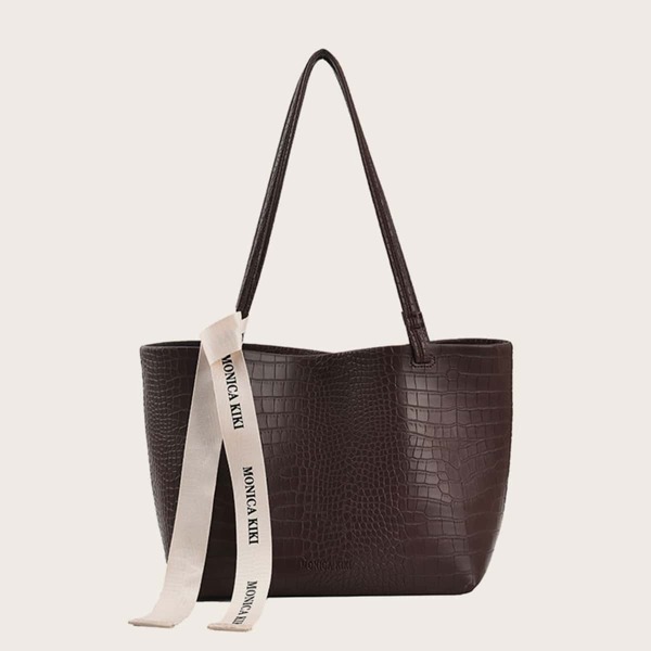 

Crocodile Embossed Large Capacity Tote Bag, Coffee brown