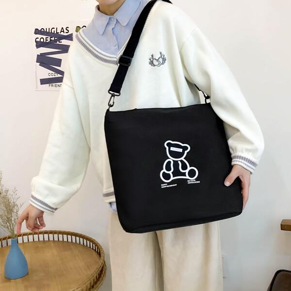 

Cartoon Graphic Canvas Shopper Bag, Black