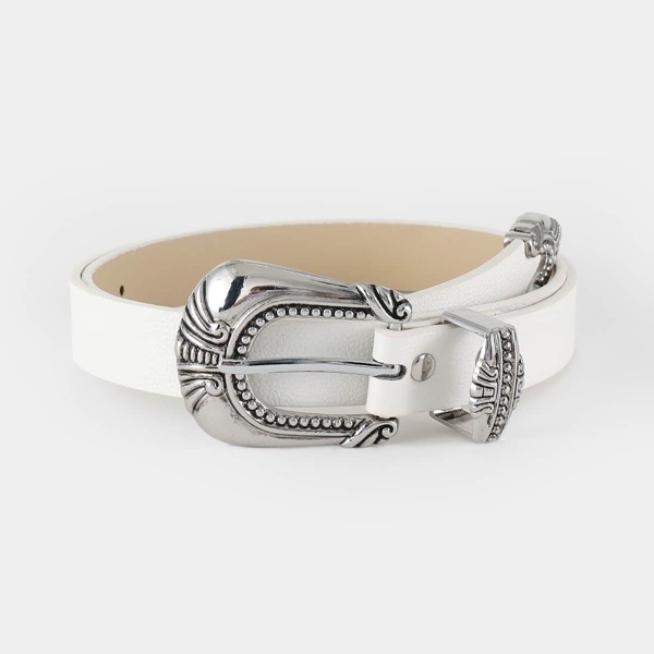

Textured Metal Buckle Belt With Hole Punch, White