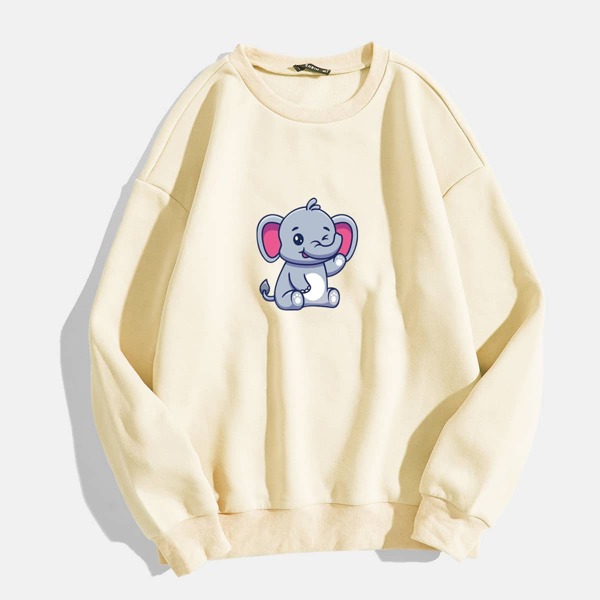 

Cartoon Elephant Print Sweatshirt, Apricot