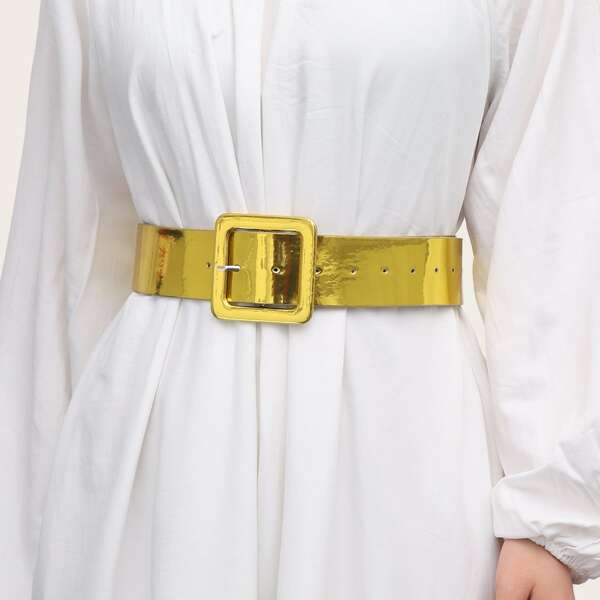 

Geometric Decor Buckle Belt With Hole Punch, Gold