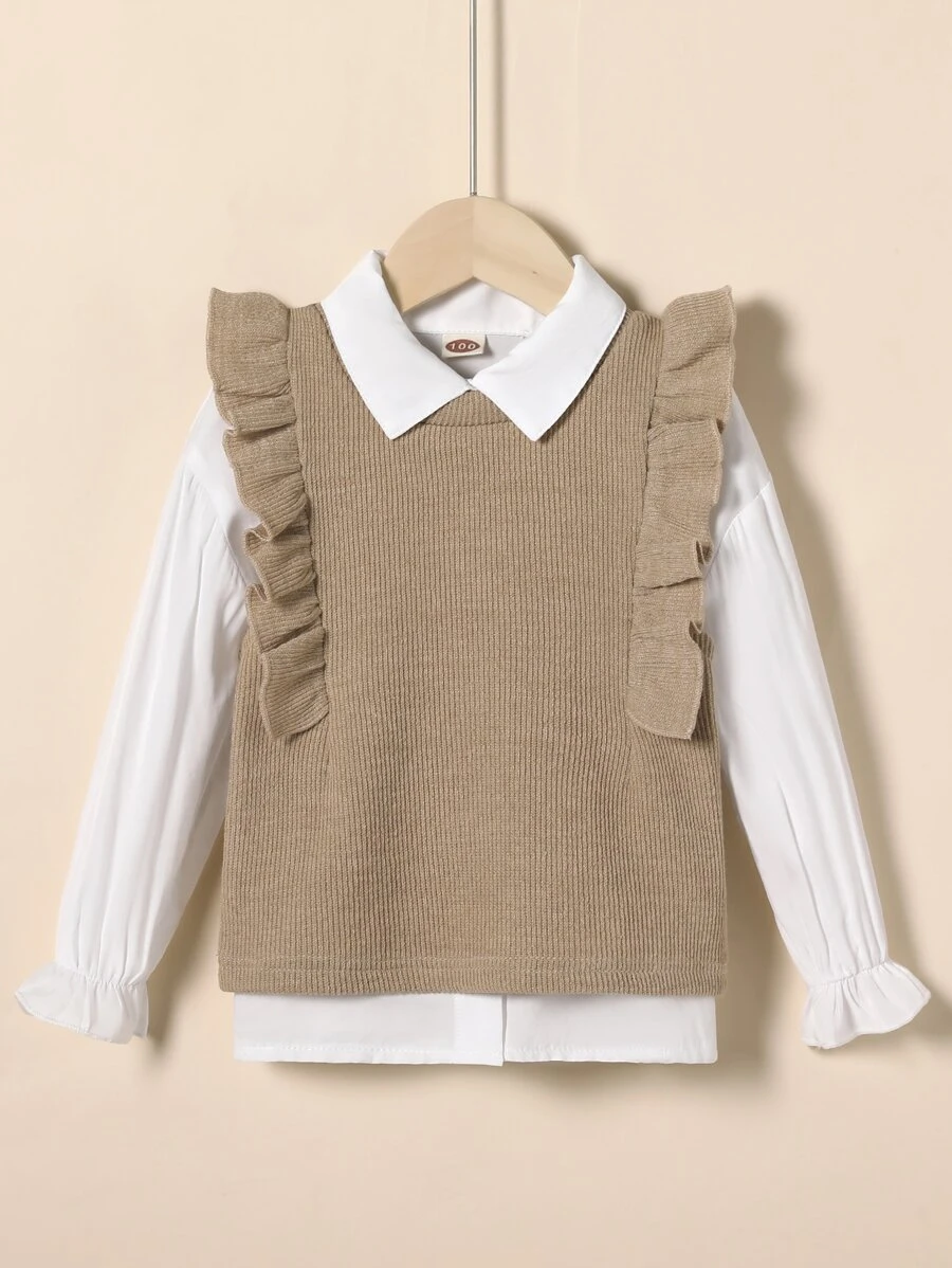 Young Girl Ruffle Trim Top & Flounce Sleeve Blouse - Multicolor - View 1