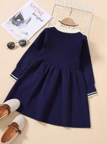 Váy len cho bé gái Tương phản ren Khối Màu Sẵn sàng - Màu xanh hải quân - Xem 2