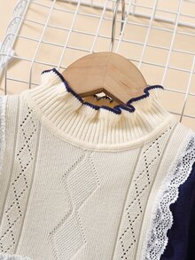 Váy len cho bé gái Tương phản ren Khối Màu Sẵn sàng - Màu xanh hải quân - Xem 3