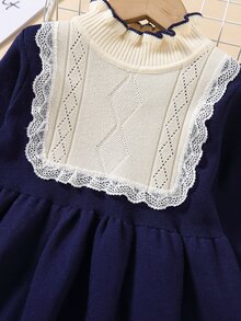 Váy len cho bé gái Tương phản ren Khối Màu Sẵn sàng - Màu xanh hải quân - Xem 4