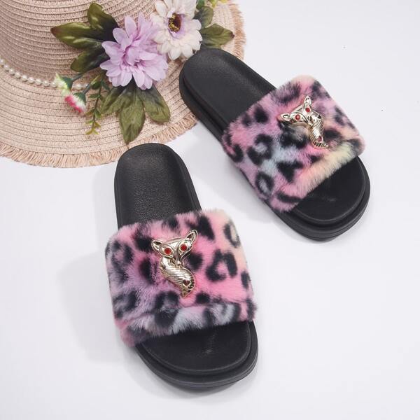 

Colorblock Fox Decor Fluffy Slides, Multicolor