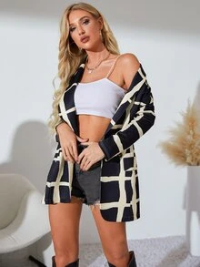 SHEIN Essnce 格紋印花青果領不附腰帶西裝外套 - 彩色 - 查看 3