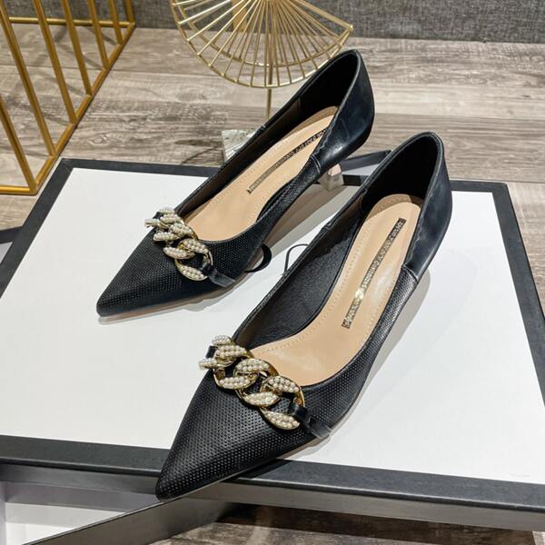 

Metal & Faux Pearl Decor Point Toe Court Pumps, Black