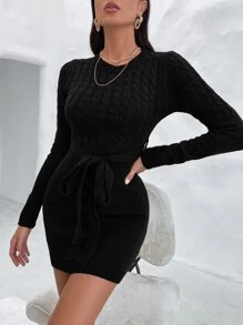 Belted Cable Knit Bodycon Jumper Dress - Black - View 4