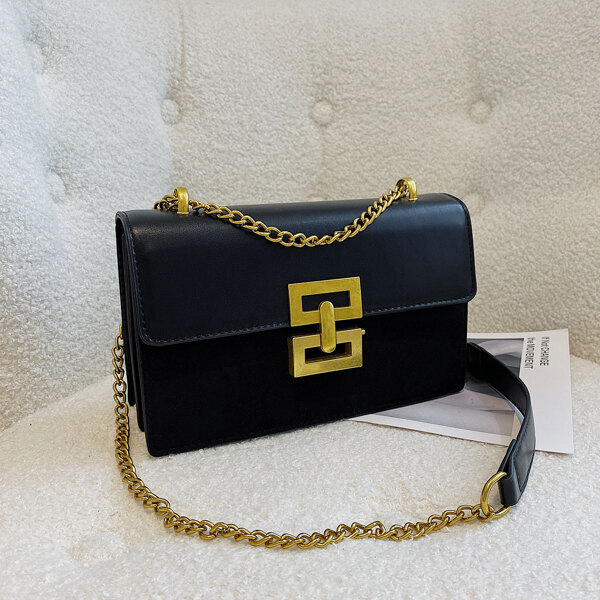 

Metal Decor Chain Flap Square Bag, Black