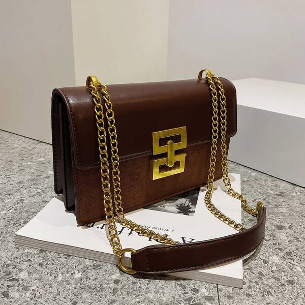 

Metal Decor Crocodile Embossed Flap Square Bag, Brown