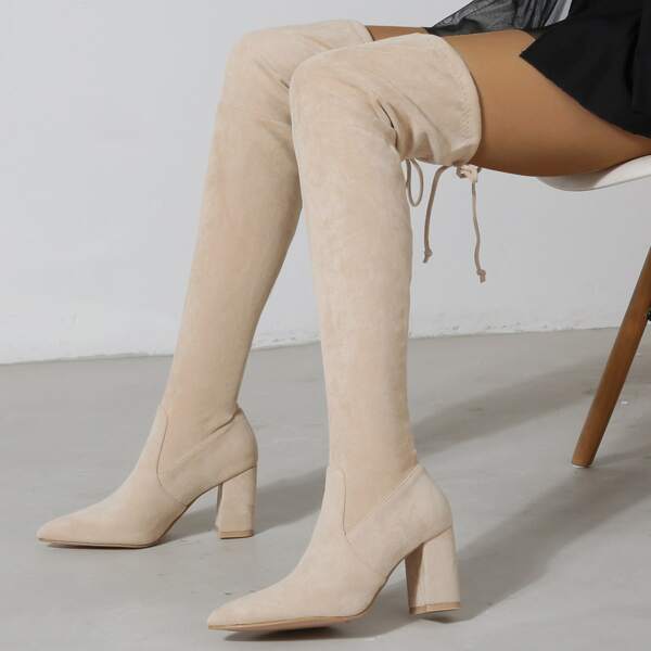 

Lace-up Back Chunky Over The Knee Boots, Apricot