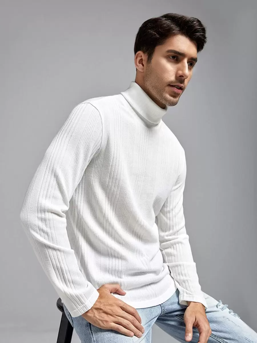 GENTILAND Men T-Shirts Turtle Neck Long Sleeve Basic Tee Casual Spring Knit Top - White - View 1