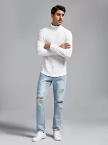 GENTILAND Men T-Shirts Turtle Neck Long Sleeve Basic Tee Casual Spring Knit Top - White - View 4