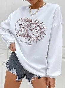 SHEIN Unity Pullover con estampado de sol y luna de hombros caídos - Blanco - Ver 1