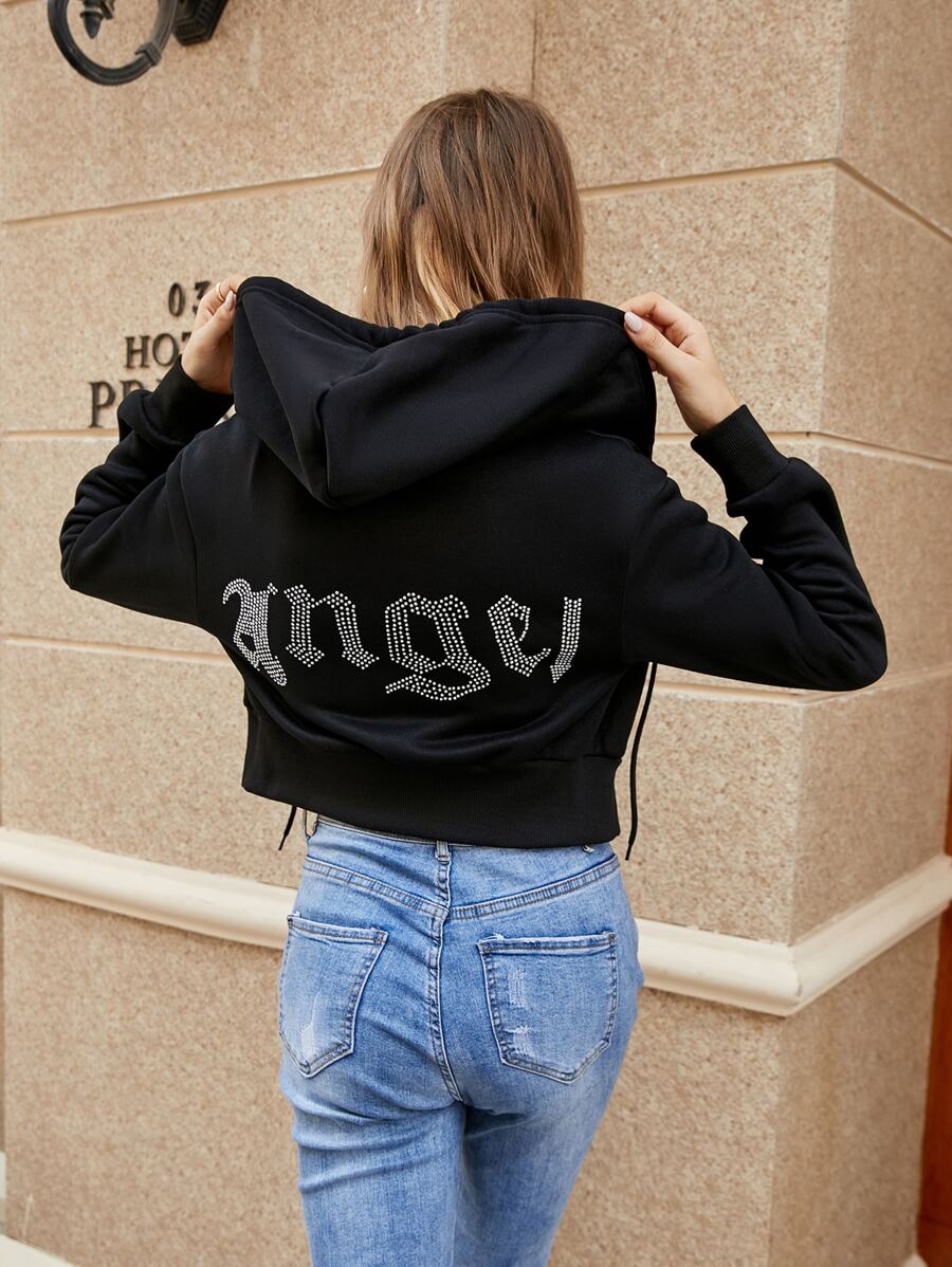SHEIN Unity Rhinestone Letter Pattern Drawstring Zip Up Crop Thermal Hoodie,Long Sleeve Tops Graduation,Back To School Outfits,Graduation,Teacher Outfits For Women,Back To School Pullover Fall Outfit - Black - View 1