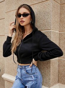 SHEIN Unity Rhinestone Letter Pattern Drawstring Zip Up Crop Thermal Hoodie,Long Sleeve Tops Graduation,Back To School Outfits,Graduation,Teacher Outfits For Women,Back To School Pullover Fall Outfit - Black - View 5