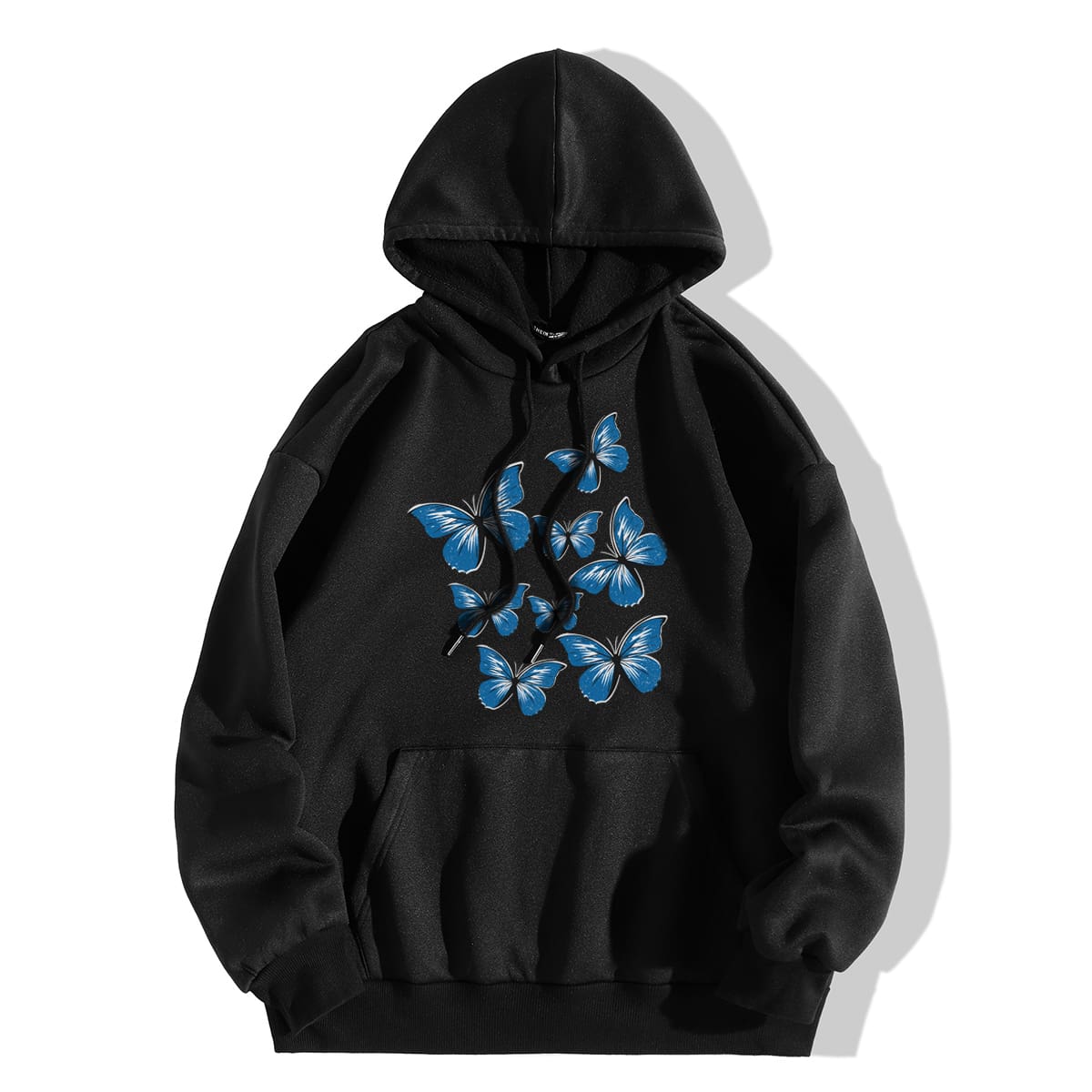 

Butterfly Print Drop Shoulder Drawstring Thermal Hoodie, Black