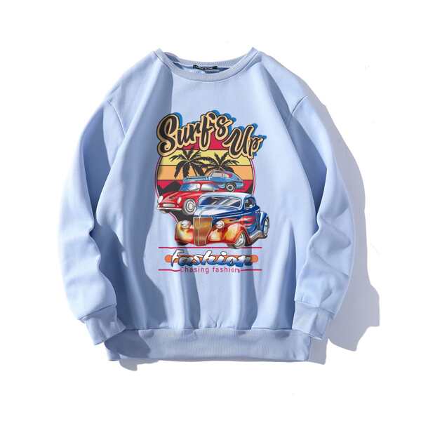 

Car And Letter Graphic Sweatshirt, Blue