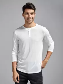 GENTILAND Hombres Camiseta con diseño de parche con botón - Blanco - Ver 1