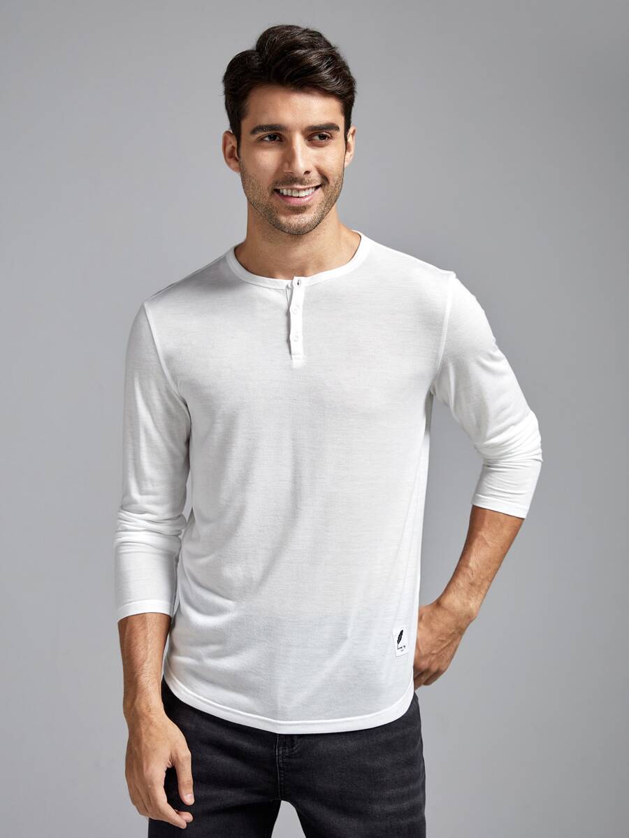 GENTILAND Hombres Camiseta con diseño de parche con botón - Blanco - Ver 1