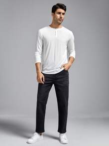 GENTILAND Hombres Camiseta con diseño de parche con botón - Blanco - Ver 3