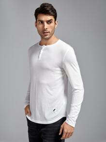 GENTILAND Hombres Camiseta con diseño de parche con botón - Blanco - Ver 4